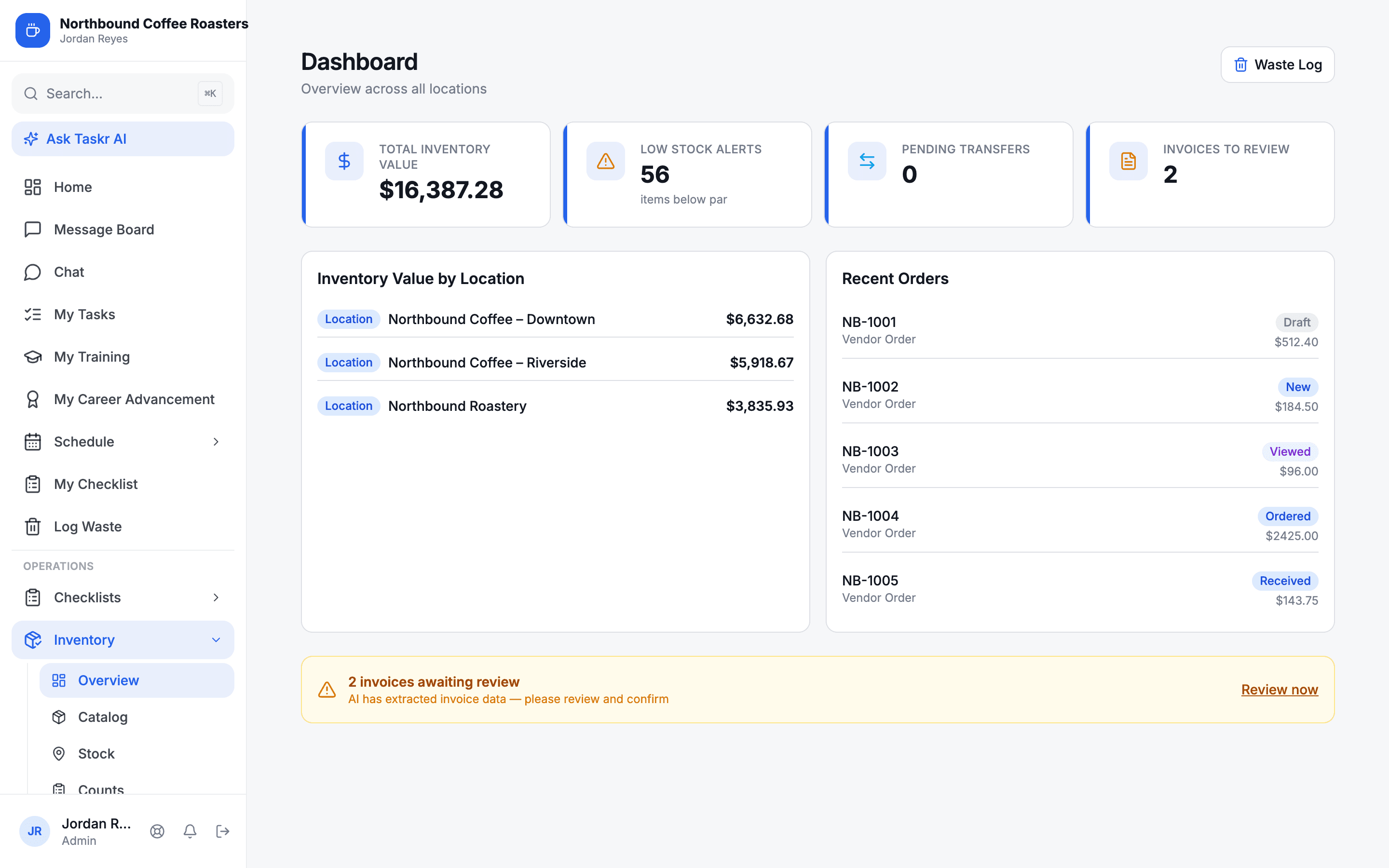 Coffee Regent inventory dashboard with value by location and recent orders