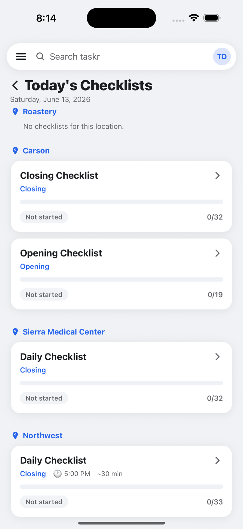 Coffee Regent daily checklists grouped by location