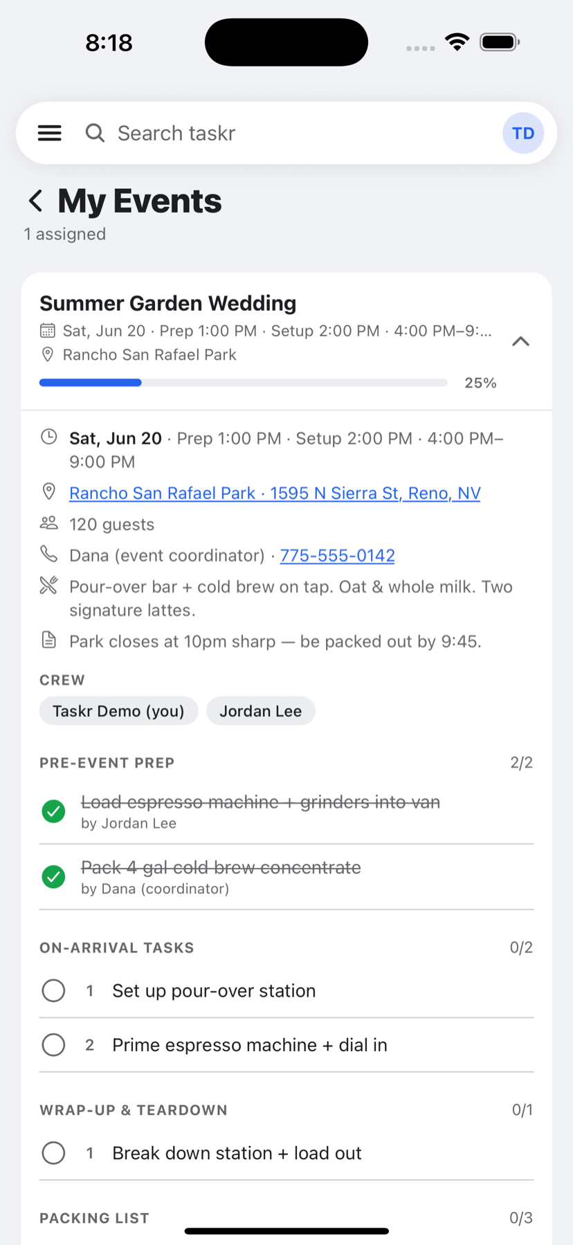 Coffee Regent event detail with crew assignments, tasks, and packing list