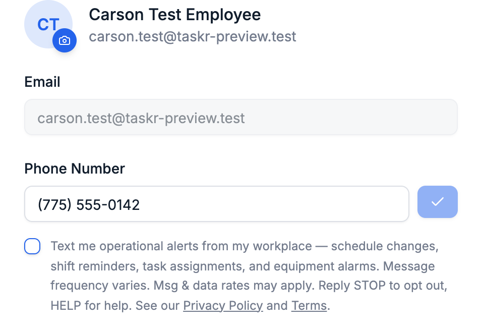 The Coffee Regent Settings screen showing the SMS consent checkbox beneath the phone number field